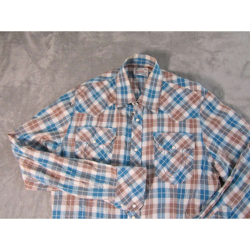 True Religion Mens Rocky Plaid Western Pearl Snap Shirt Blue Brown XXL XXL/TTG